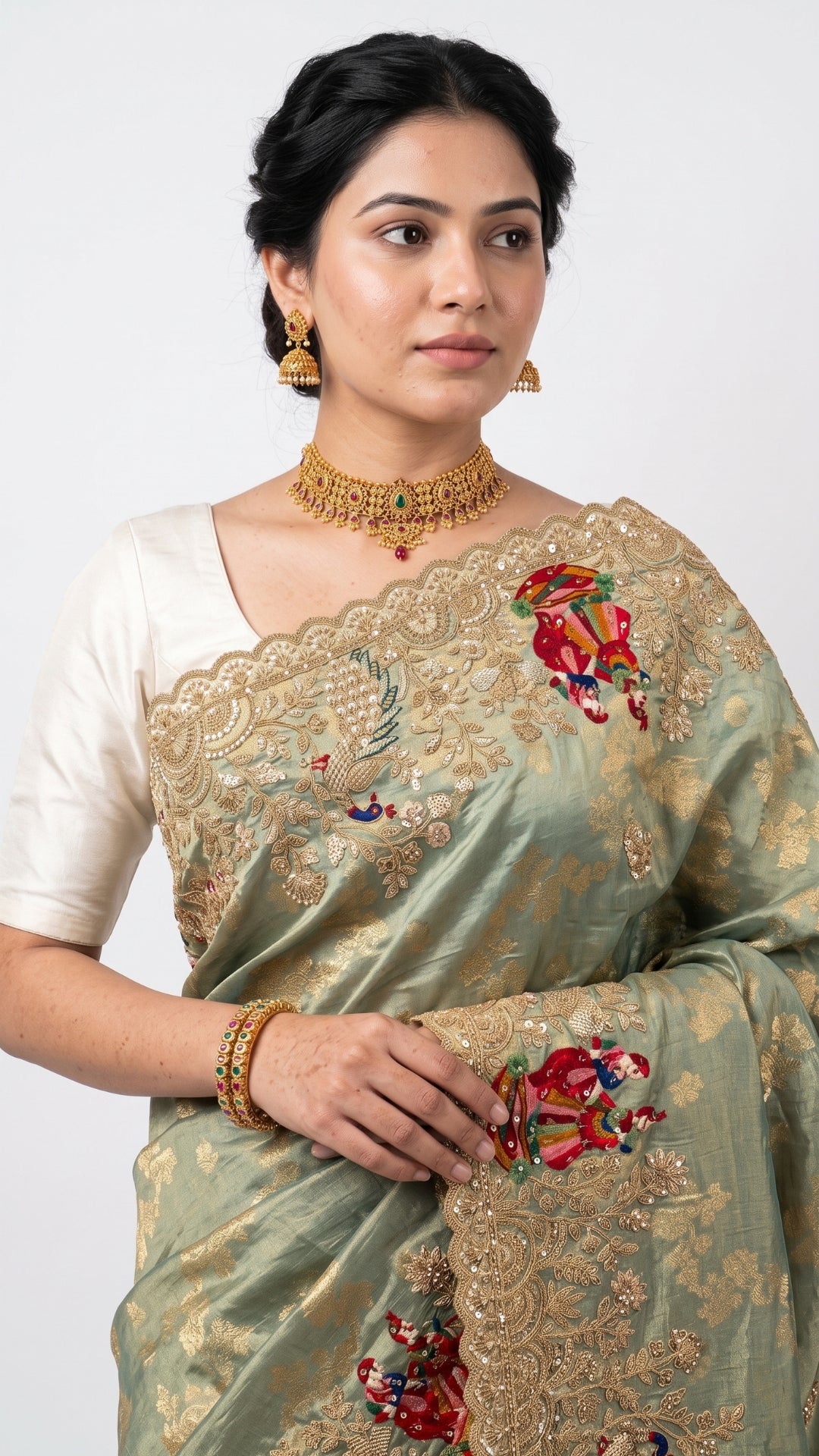 Sage Green Pure Tissue Banarasi Unstitched Saree with Sequins, Zari, Moti & Dori Work